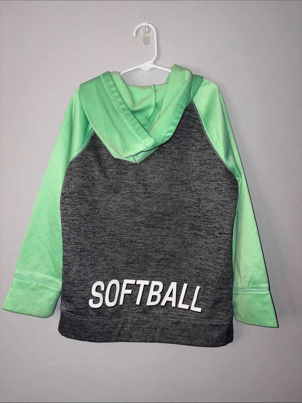 Justice Girls' Gray Hoodie with Mint Green Raglan Sleeves and Softball Size 8
